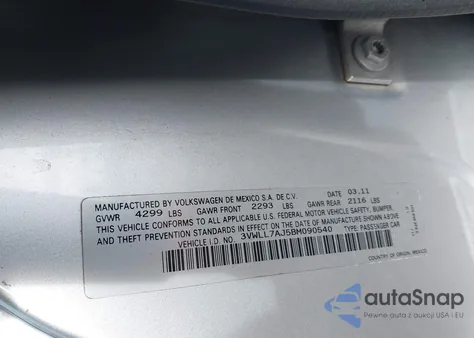 2011 Volkswagen Jetta 2.0L Tdi из США, поврежденный, VIN 3VWLL7AJ5BM090540